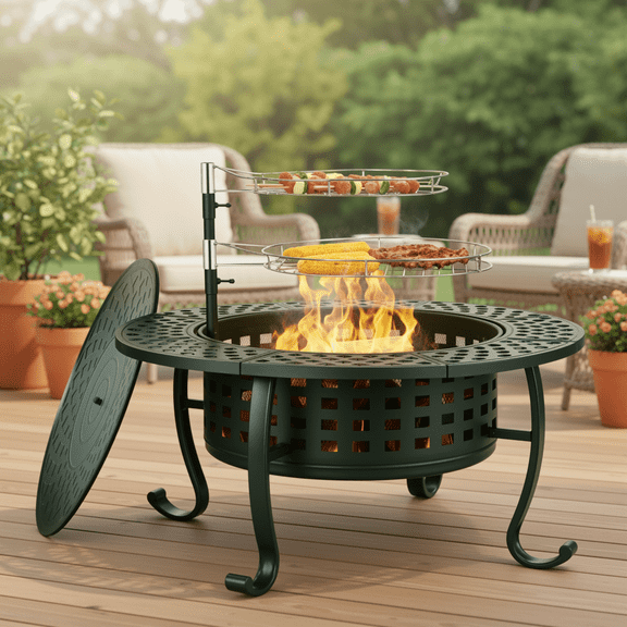 TLSUNNY 37" Outdoor Round Fire Pit & BBQ Grills, Wood Burning Fire Pit, w/ Swivel Cooking Grates, Lid and Fire Poker for Garden & Camping
