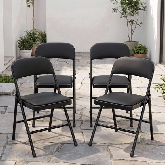 TLSUNNY 4 Pack Leather Padded Folding Chairs, Stackable, W/ Floorpads, for Patio Garden Office Wedding Party Event, 350 LBS, Black