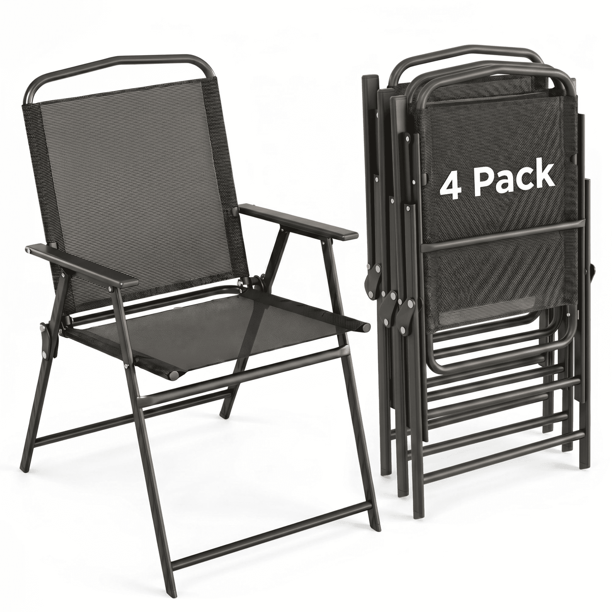 TLSUNNY 4 Pcs Patio Folding Chairs, Heavy-Duty Metal Frame W/ Armrests Portable Outdoor Foldable Chairs, Black