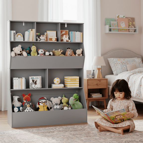 TLSUNNY 4 Tier Toddler Bookshelf, Wooden Cabinet, Toy Storage Organizer, Kids Bookcase for Playroom, Nursery, Classroom