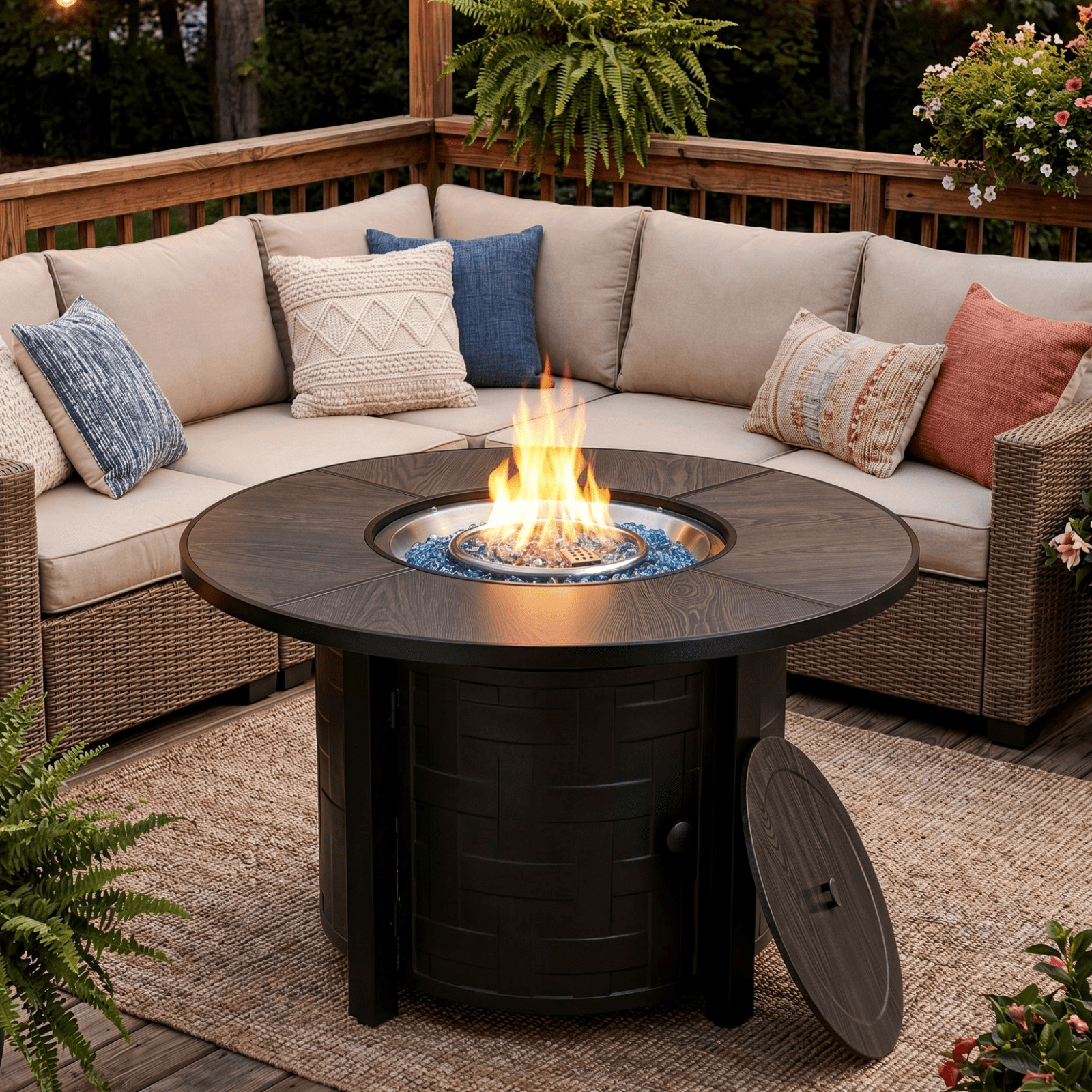 TLSUNNY 42'' Round Propane Fire Pit Table, 50,000 BTU Steel Firepit with Metal Lid, Waterproof Cover, Auto-Ignition, for Patio/Backyard