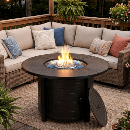 TLSUNNY 42'' Round Propane Fire Pit Table, 50,000 BTU Steel Firepit with Metal Lid, Waterproof Cover, Auto-Ignition, for Patio/Backyard