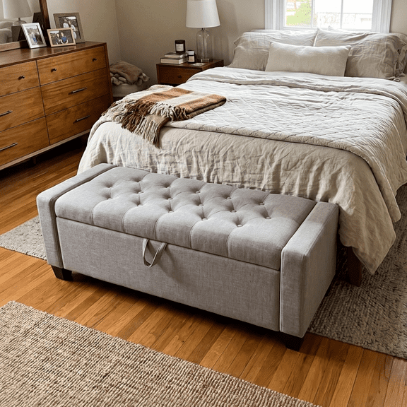 TLSUNNY 48.4“ Storage Ottoman Bench, Upholstered Linen End of Bed Bench, for Bedroom, Entryway, 330 LBS Capacity
