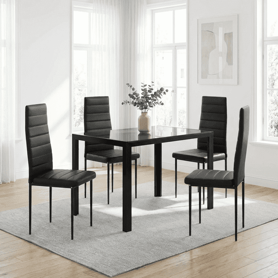 TLSUNNY 5 Pcs Dining Table and Chairs Set for 4, Glass Kitchen Table with 4 Upholstered PU Chairs, Metal Steel Frame, for Home, Apartment, Dining Room, Small Space