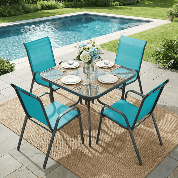 TLSUNNY 5 Pcs Outdoor Dining Table & Chair Set, Square Glass Table W/ Umbrella Hole and 4 Chairs, Outdoor Patio Furniture for Garden and Backyard