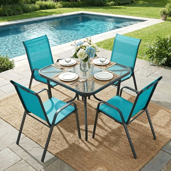 TLSUNNY 5 Pcs Outdoor Dining Table & Chair Set, Square Glass Table W/ Umbrella Hole and 4 Chairs, Outdoor Patio Furniture for Garden and Backyard