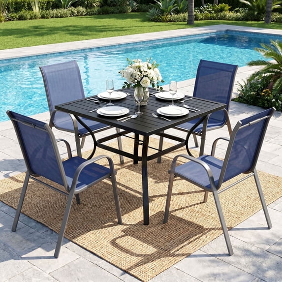 TLSUNNY 5 Pcs Outdoor Dining Table and Chair Set, Square Metal Table W/ Umbrella Hole & 4 Stackable Chairs, Outdoor Patio Furniture for Garden
