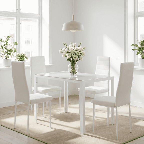 TLSUNNY 5-Piece Glass Dining Set, Modern Kitchen Table Furniture W/ 4 Upholstered PU Chairs, Metal Steel Frame, for Dining Room, Dinette, Compact Space-Saving