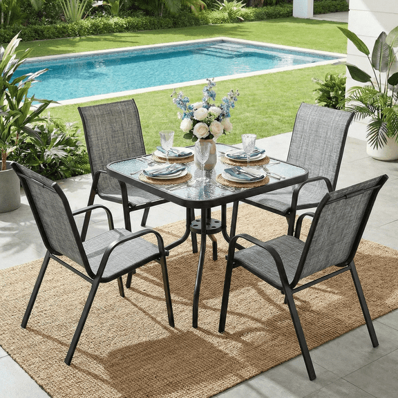 TLSUNNY Outdoor Patio Dining Set, Square Glass Table with Umbrella Hole & 4 Stackable Chairs, for Garden, Poolside, Backyard