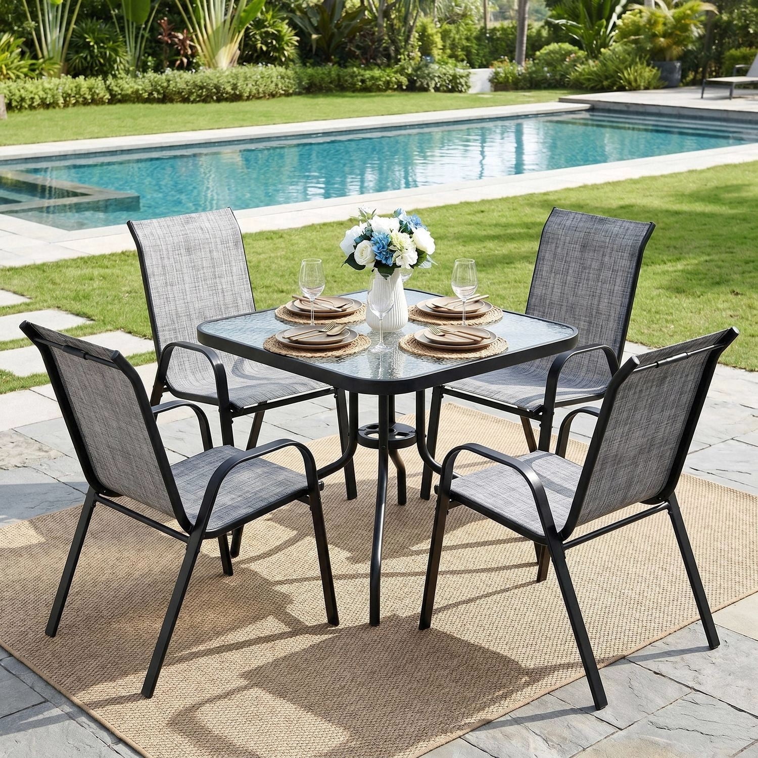 TLSUNNY Outdoor Patio Dining Set, Square Glass Table with Umbrella Hole & 4 Stackable Chairs, for Garden, Poolside, Backyard