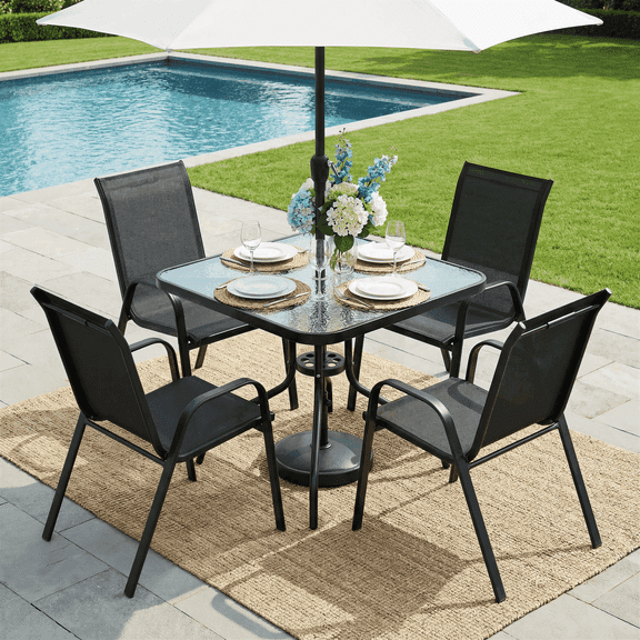 TLSUNNY 5 Pcs Outdoor Patio Dining Set, Outdoor Furniture Set, Square Glass Table with Umbrella Hole for Garden, Backyard and Poolside, Lawn (Umbrella not Included)