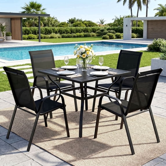 TLSUNNY 5 Pieces Patio Dining Set for 4, Outdoor Square Metal Table and Stackable Chairs, W/ 1.57"-1.8" Adjustable Umbrella Hole & Foot Pads, for Backyard, Deck