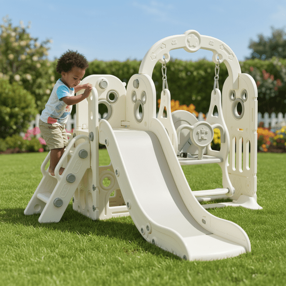 TLSUNNY 5-in-1 Kids Slide & Swing Set, Toddler Slide and Climber Playset with Basketball Hoop, Play Ball, Storage, for Backyard, Nursery