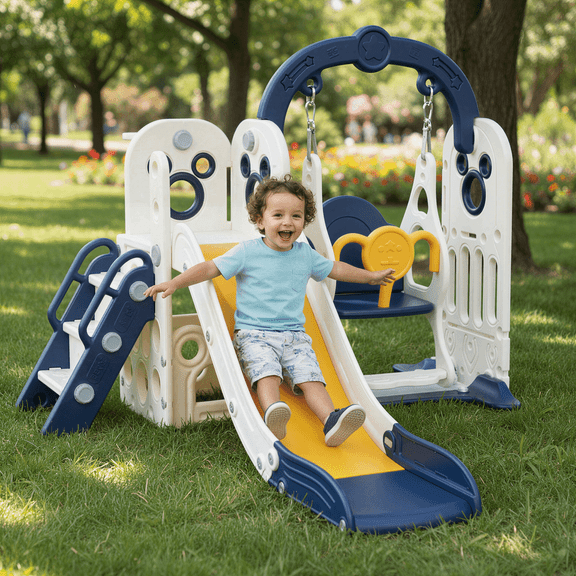 TLSUNNY 5-in-1 Kids Slide and Swing Set, Toddlers Slide & Climber with Basketball Hoop and Storage, for Indoor, Outdoor, Playground,Backyard