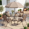 thumbnail image 1 of TLSUNNY 6-Piece Outdoor Patio Dining Set with Umbralla, 4 Patio Folding Chairs & Round Glass Table W/ Umbralla Hole, for Garden, Poolside, 1 of 10