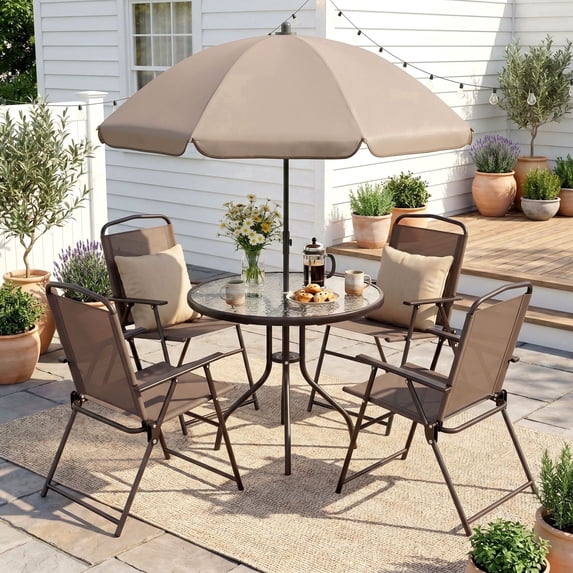 TLSUNNY 6-Piece Outdoor Patio Dining Set with Umbralla, 4 Patio Folding Chairs & Round Glass Table W/ Umbralla Hole, for Garden, Poolside