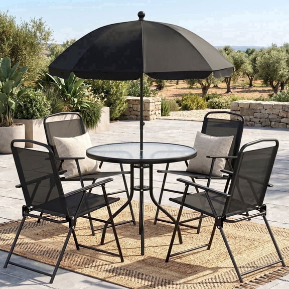 TLSUNNY 6 Piece Patio Furniture Set with Umbrella, Outdoor Patio Table and Chairs Set. W/ 4 Folding Chairs and Tempered Glass Dining Table, for Deck, Backyard