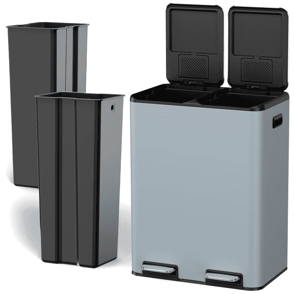 TLSUNNY 60L Dual Kitchen Trash Can, with 2 Odor Control Box, 16 Gal Double Lid Kitchen Bin with 2 Inner Buckets