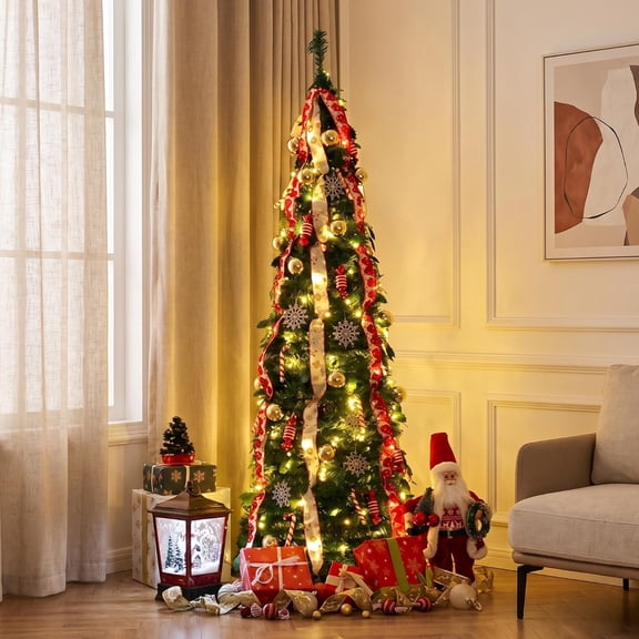 TLSUNNY 6FT Pre-Lit Pop up Christmas Tree, W/ 150 Warm White & Colored Lights, Artificial Xmas Tree W/ Remote Control, 11 Lighting Models, Holiday Home Decor