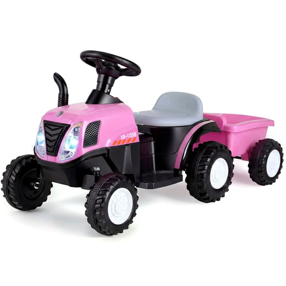 TLSUNNY 6V Kids Ride On Tractor, Battery Powered Vehicle with Detachable Trailer, Lights, Music Player, Horn, Pedal Drive