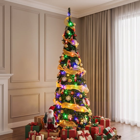 TLSUNNY 7FT Pre-Lit Pop up Christmas Tree, W/ 150 Warm White & Colored Lights Ornaments, Collapsible Artificial Xmas Tree W/ Remote Control, 11 Lighting Models, Holiday Home Decor