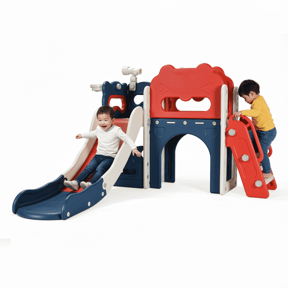 TLSUNNY 8-in-1 Toddler Slide and Climber, with Enclosed Steps, Telescope, Basketball Hoop, Play Tunnel, for Nursey, Playground