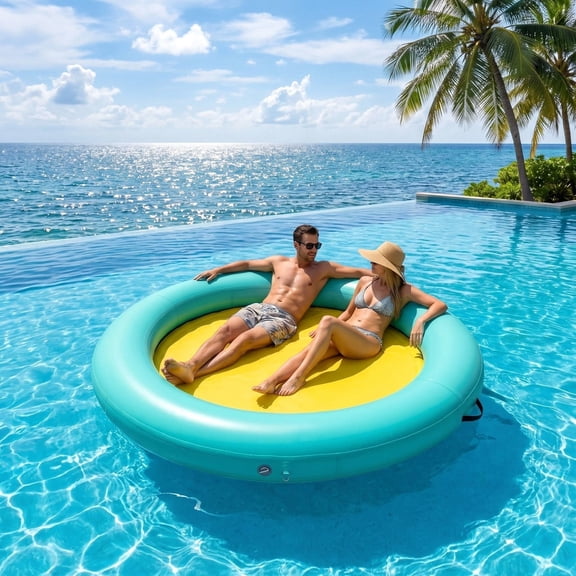 TLSUNNY 8FT Round Inflatable Water Hammock for Adults, Portable Sunbathing Tanning Pool Lounger with Pump, for Lake, Ocean & River