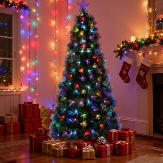 TLSUNNY 9ft Pre-Lit Optical Fiber Christmas Artificial Tree, w/ Multicolor Lights Branches, Shining Top Star, for Home, Office, Party Decor