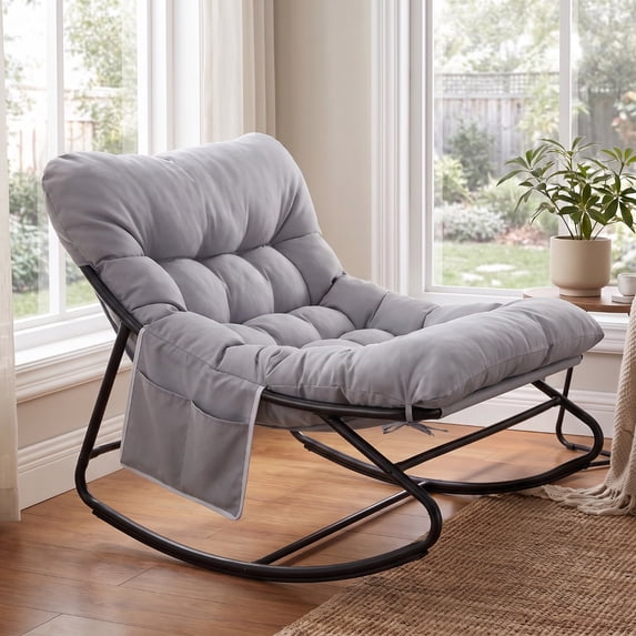 TLSUNNY Accent Rocking Chair, Papasan Rocker Leisure Lounge Chair with Side Pocket for Living Room/Bedroom/Reading Nook