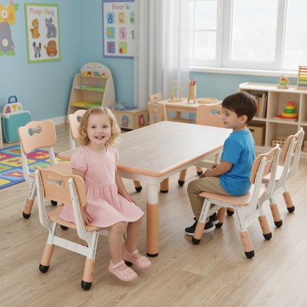 TLSUNNY Adjustable Kids Table and 6 Chairs Set, Toddler Play Activity Table with Graffiti Tabletop for Daycare & Preschool Use, Yellow