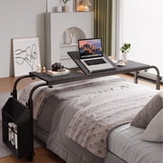 TLSUNNY Adjustable Overbed Table with Wheels, Height & Length Adjustable Laptop Cart w/ Tilt Stand, Side Storage Basket for King/Queen Beds