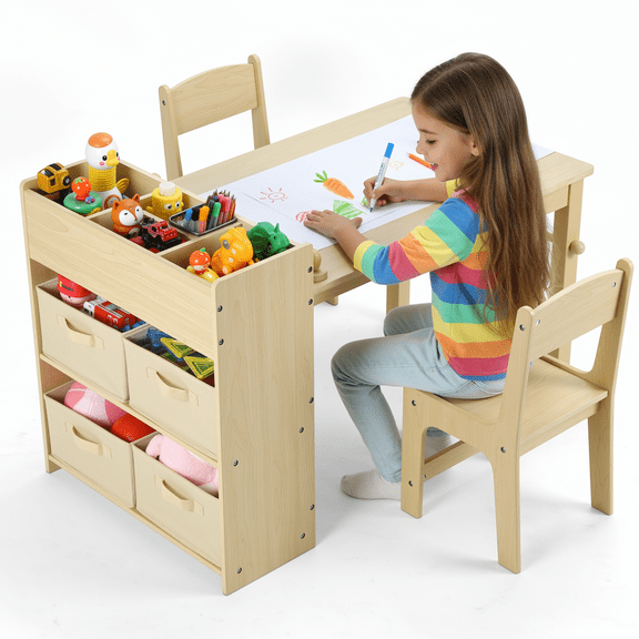 TLSUNNY Kids  Art Table and 2 Chairs, Massive Storage, Toddler Craft Desk Set, w/ Paper Roll & 4 Storage Bins, Age 3+