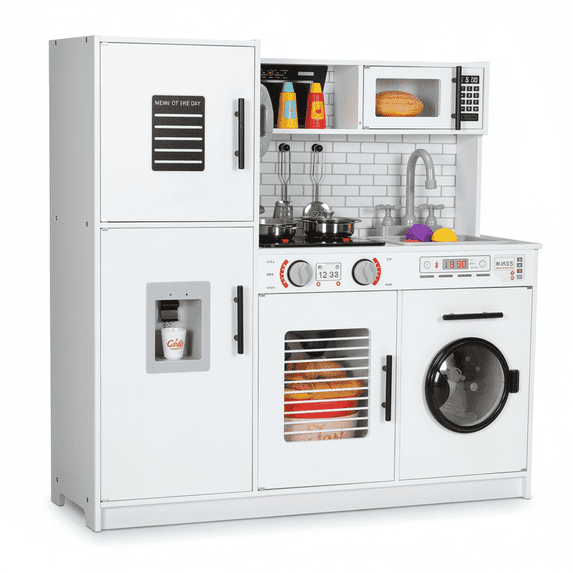 TLSUNNY Kids Play Kitchen, w/ Realistic Lights & Sounds, Washing Machine, Water Dispenser & Stove, Wooden Kitchen Playset for Toddlers Ages 3+
