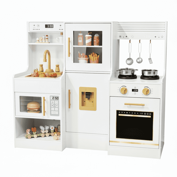 TLSUNNY Kids Wooden Play Kitchen, Pretend Kitchen Playset with Lights & Sounds, Sink & Cookware, Gift for Toddlers 3+