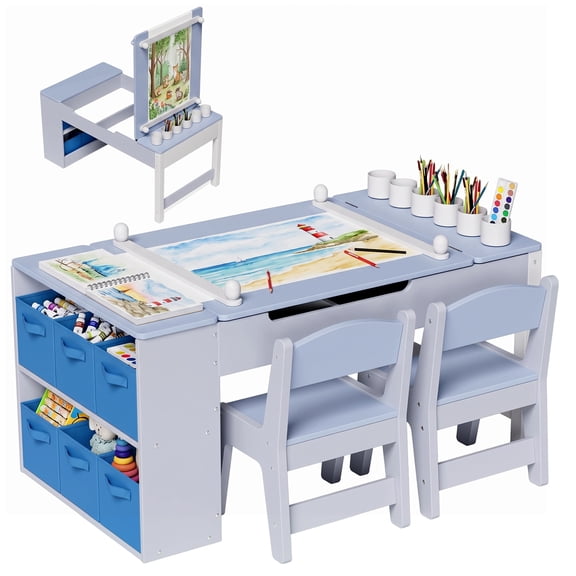 TLSUNNY Kids Art Table and 2 Chairs Set, Toddlers Craft Table Set with Storage Bins, Paint Cups and Paper Roll, Activity Table Set for Age 3+