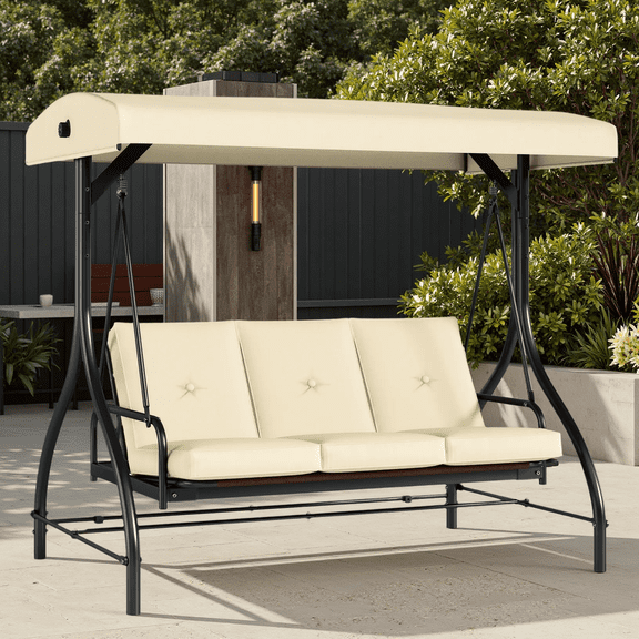 TLSUNNY Canopy Swing Chair Set, 3-Seat Outdoor Swing Chair with Stand & Removable Seat Cushion, for Patio, Backyard, Balcony Relaxation, Supports 750LBS