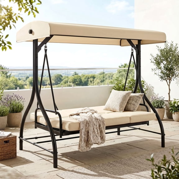 TLSUNNY Canopy Swing Chair Set, 3-Seat Outdoor Swing Chair with Stand & Removable Seat Cushion, for Patio, Backyard, Balcony Relaxation, Supports 750LBS