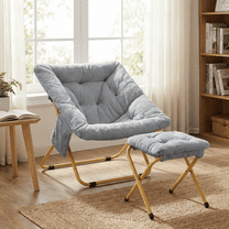 TLSUNNY Comfy Saucer Chair with Ottoman, Foldable Lounge Chair, Soft Faux Fur Reading Chair for Teens Adults, Moon Chair for Living Room, Bedroom, Dorms