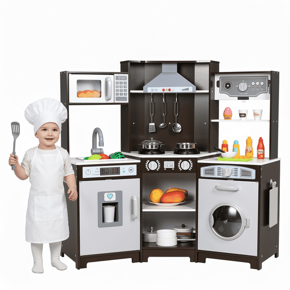 TLSUNNY Toddler Corner Play Kitchen, with Realistic Lights & Sounds, Wooden Toy Kitchen w/ Stove, Washer, Ice Maker, Accessories for Ages 3+