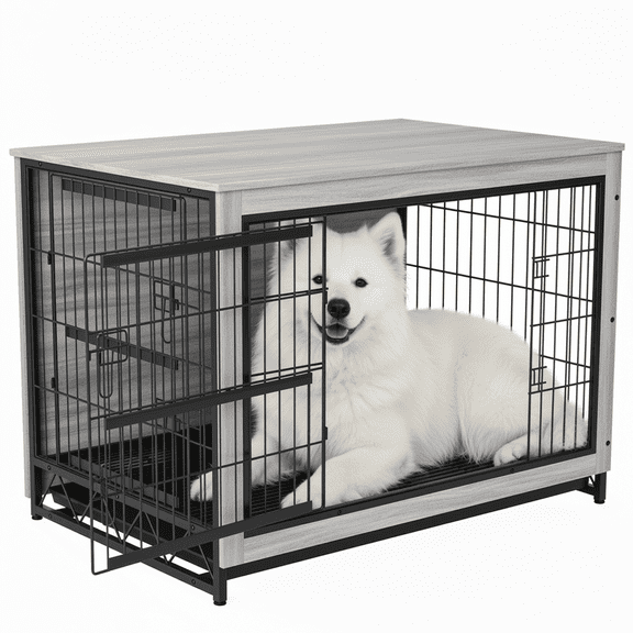 TLSUNNY Dog Crate Furniture, Large Dog Kennel Wooden Pet Furniture with Pull-Out Tray, Double Doors