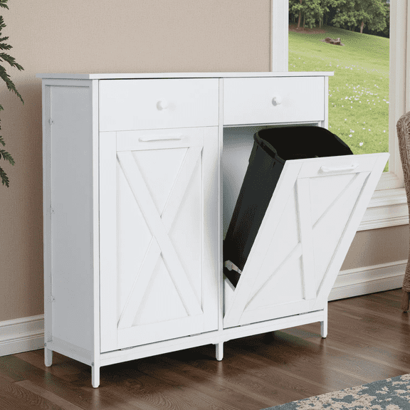 TLSUNNY Double Tilt-Out Kitchen Trash Cabinet, Pet Proof Trash Station w/ Drawer & Barn Door