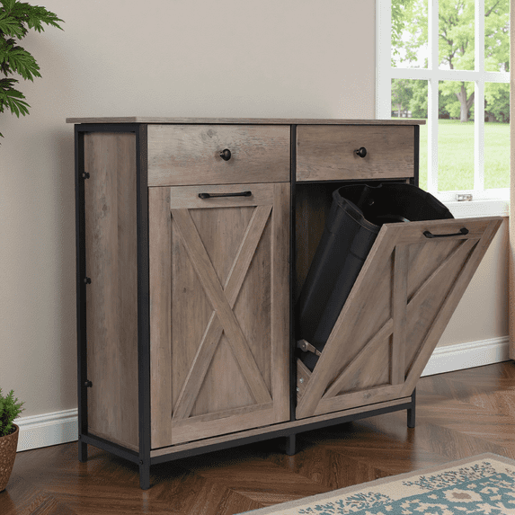 TLSUNNY Dual Tilt-Out Trash Cabinet, Freestanding Recycling Station with Drawer for Living Room/Kitchen