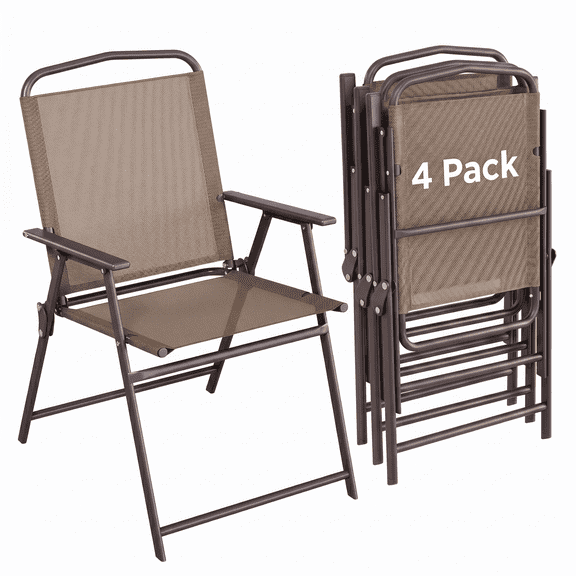 TLSUNNY Folding Patio Chair Set of 4, Portable Dining Chairs with Armrest, Outdoor Foldable Chairs, Brown
