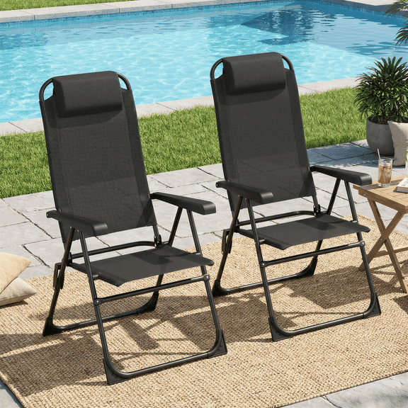 TLSUNNY Folding Patio Chairs Set of 2, Outdoor Portable Recliner W/ Adjustable Back, Removable Headrest, Armrest, Foot Pad, for Camping/Garden/Pool