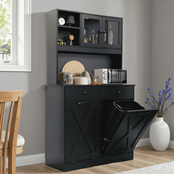 TLSUNNY Freestanding Trash Cabinet, Double Tilt-Out Garbage Can Storage Cabinet w/ Shelves & Drawer for Home