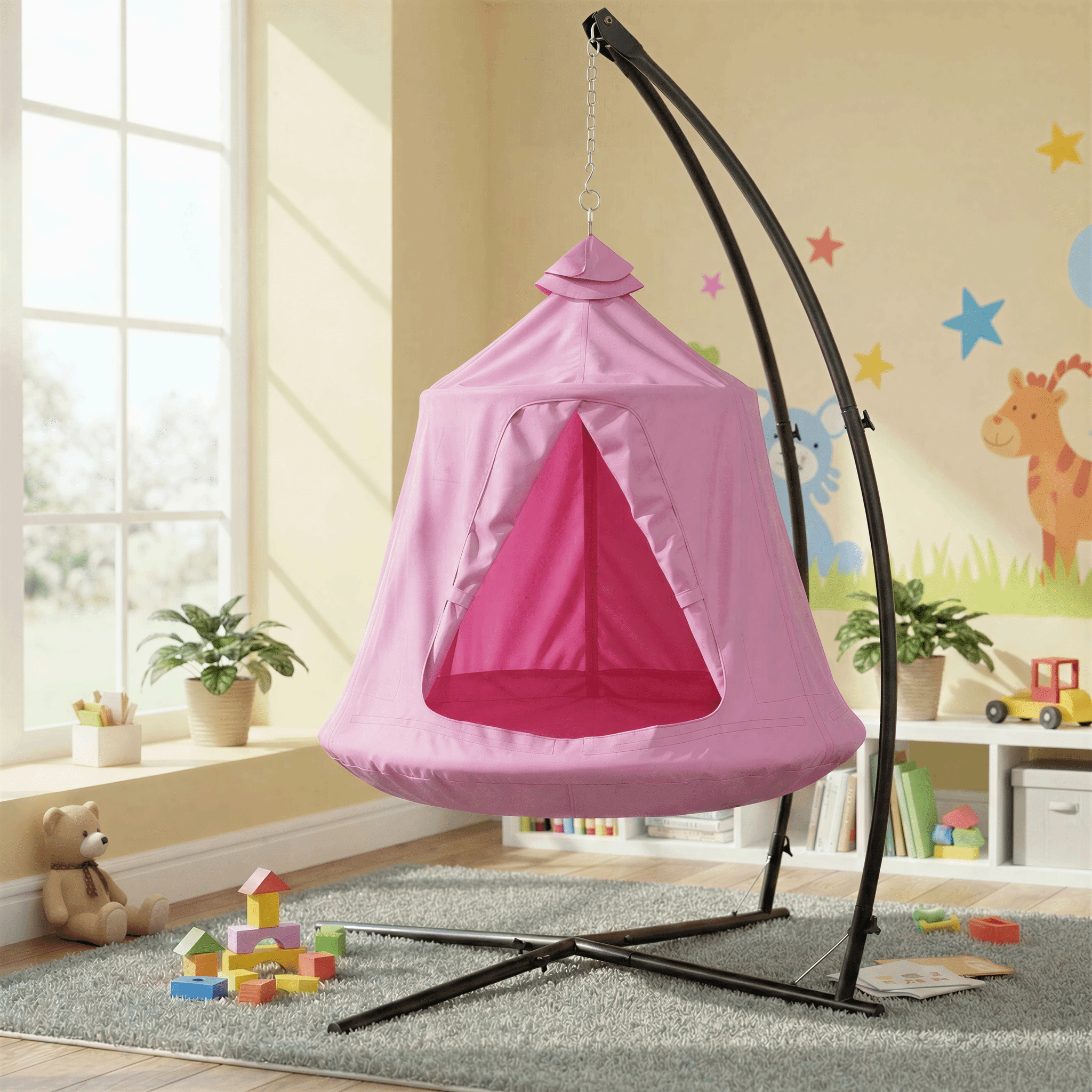 TLSUNNY Hammock Chair Stand with Swing Tent, w/ LED Lights, 330LBS Capacity Swing Set for Indoor, Outdoor Relaxation