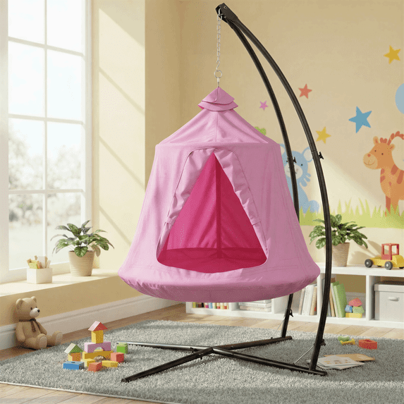 TLSUNNY Hammock Chair Stand with Swing Tent, w/ LED Lights, 330LBS Capacity Swing Set for Indoor, Outdoor Relaxation