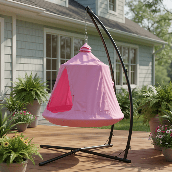 TLSUNNY Hammock Chair Stand with Swing Tent, w/ LED Lights, 330LBS Capacity Swing Set for Indoor, Outdoor Relaxation