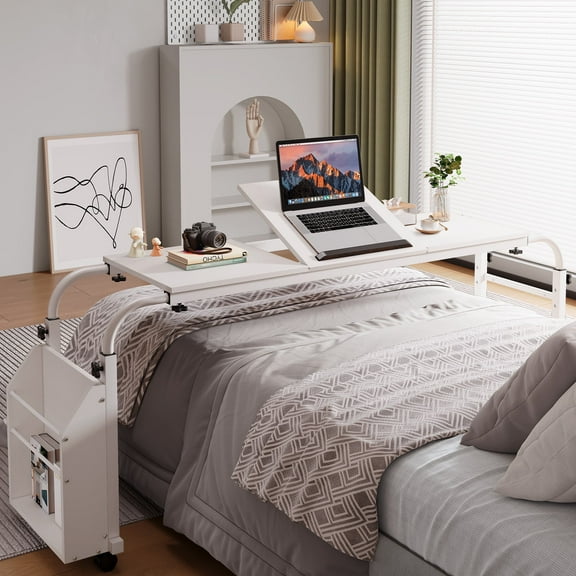TLSUNNY Height & Length Adjustable Overbed Table, Mobile Computer Desk with Side Storage Basket, Tilt Stand for Home/Hospital