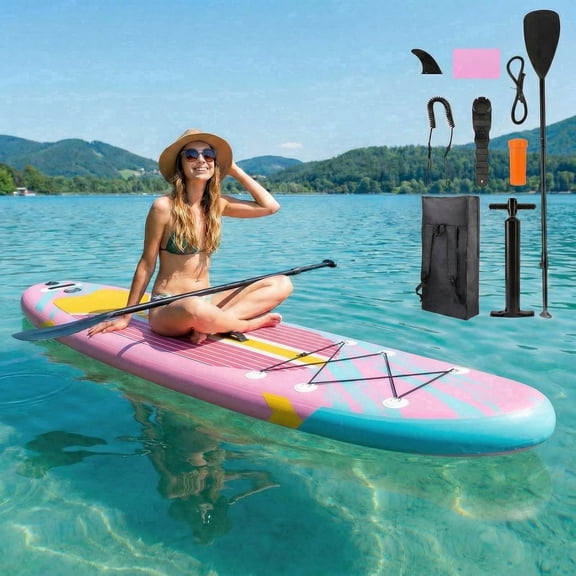 TLSUNNY Inflatable Stand Up Paddle Board, 12Ft Surfboard 6'' Thick SUP Paddle Board, with Carrying Bag, Hand Pump, Air Pump